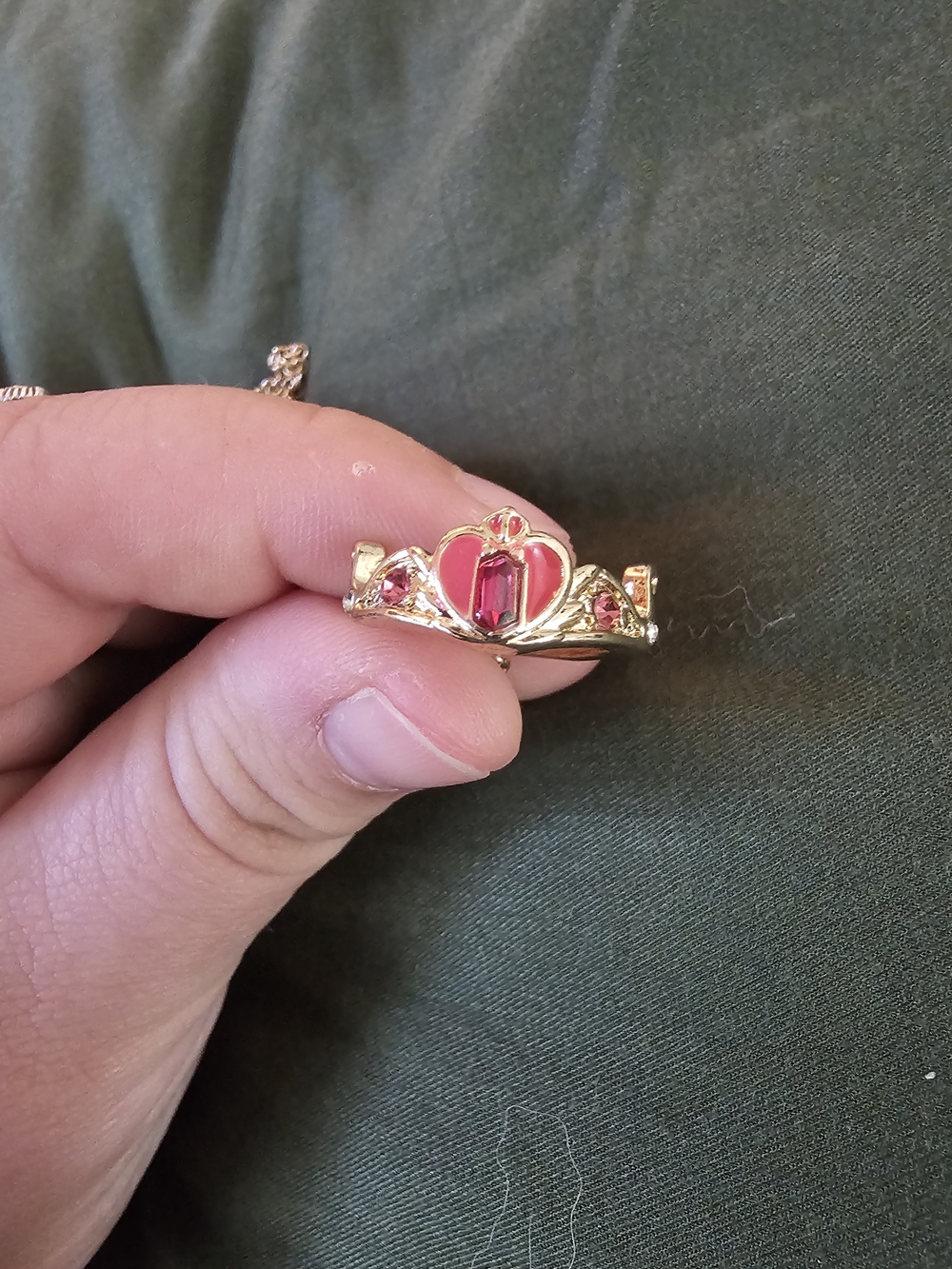Gold-Tone Pink Crown Pendant Necklace with Pink Stones